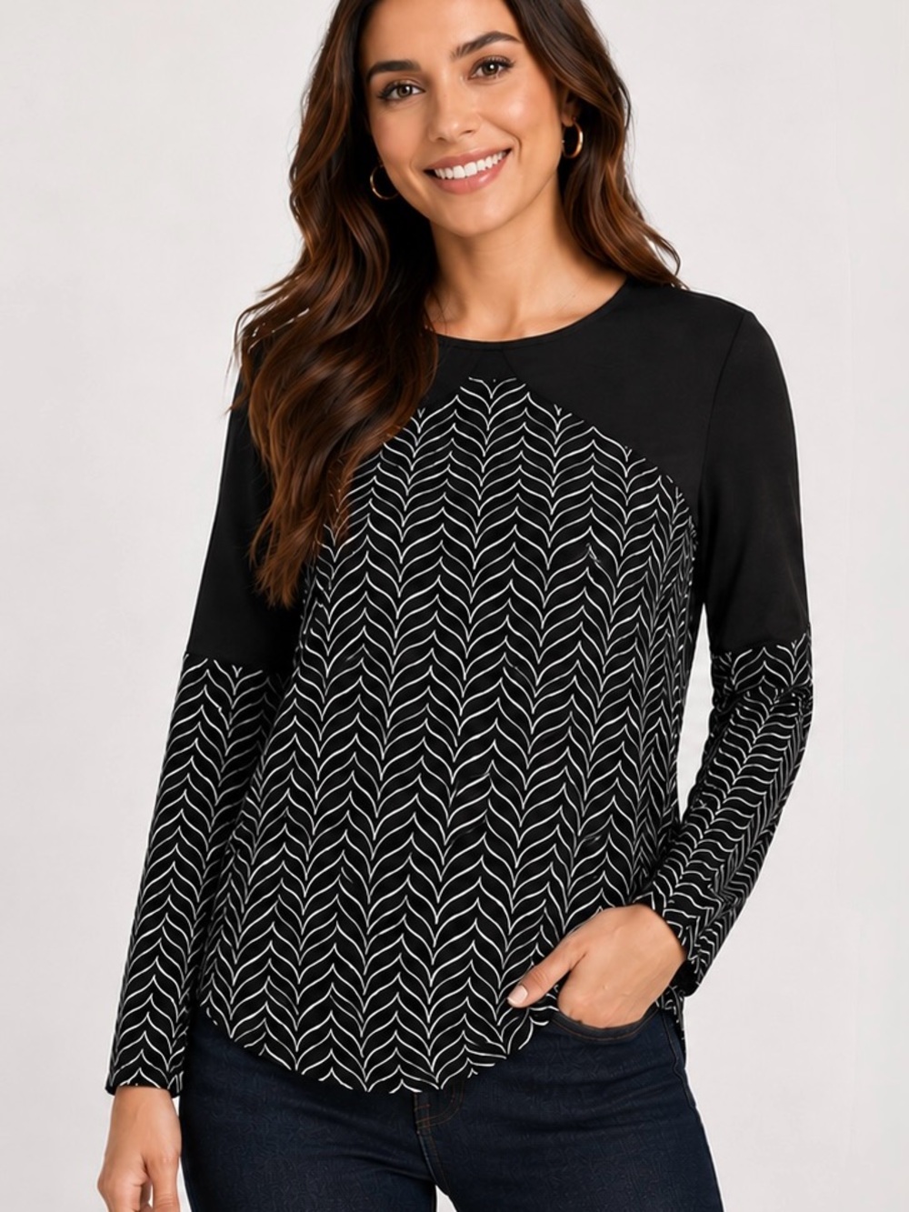 Cato XS Black Geometric Print Chiffon Blouse Long Sleeve Keyhole Back Top